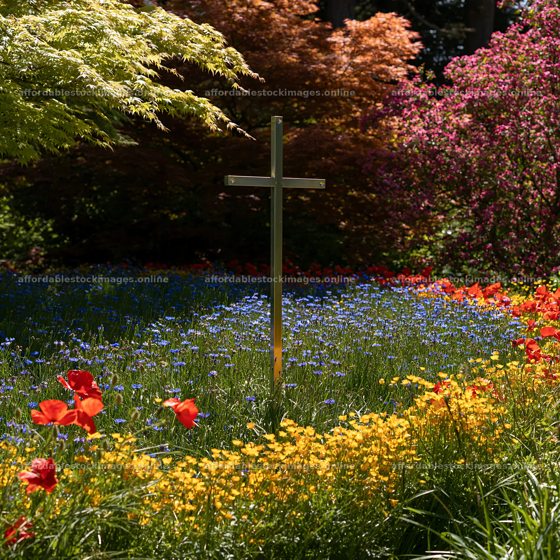 Christian cross beside mineral spring meadow with flowers – stock images 7938x7938