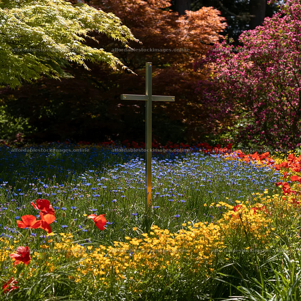 Christian cross beside mineral spring meadow with flowers – stock images 7938x7938