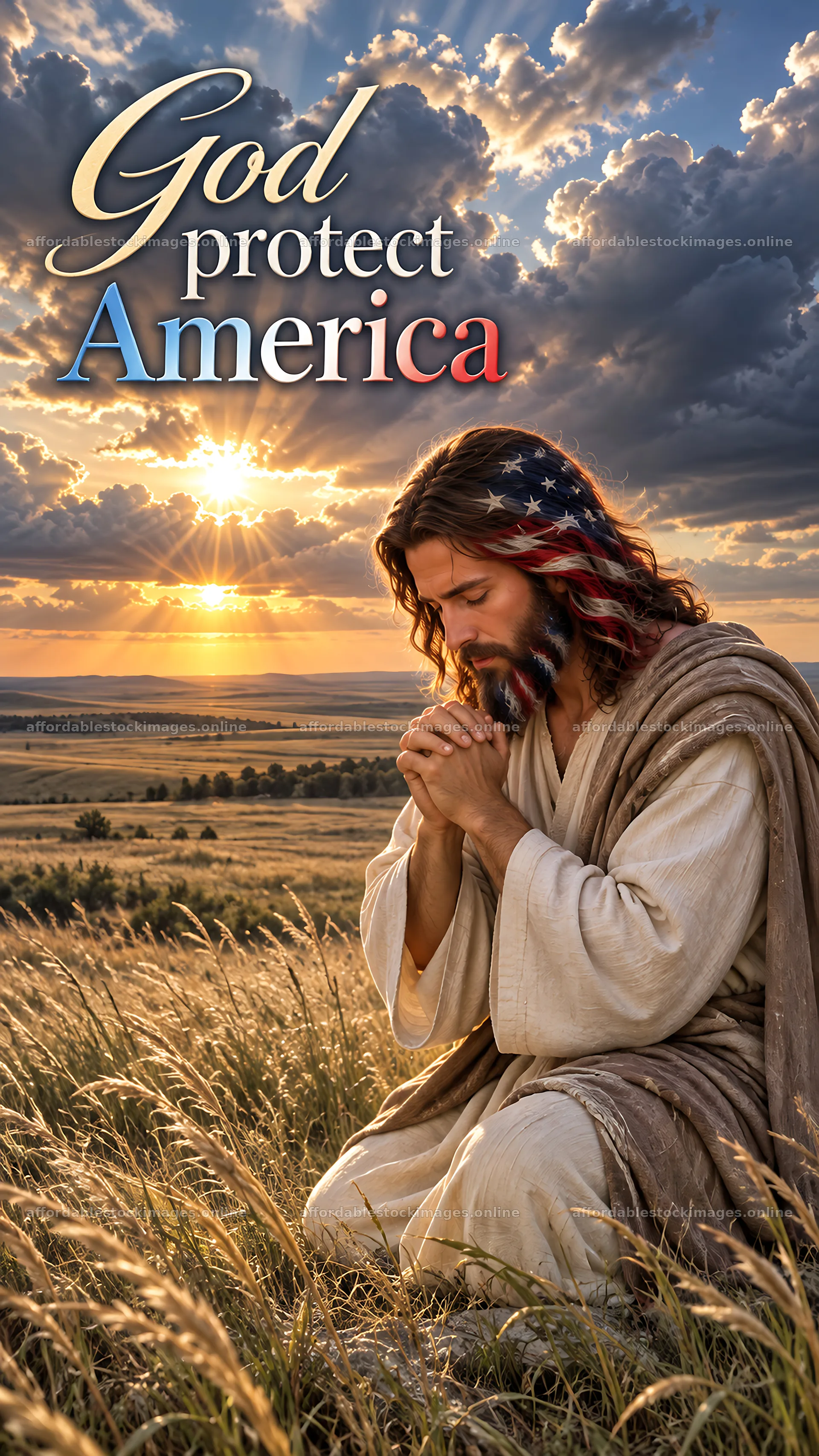 Jesus Christ praying for America in a beautiful landscape – stock images 5811x10326