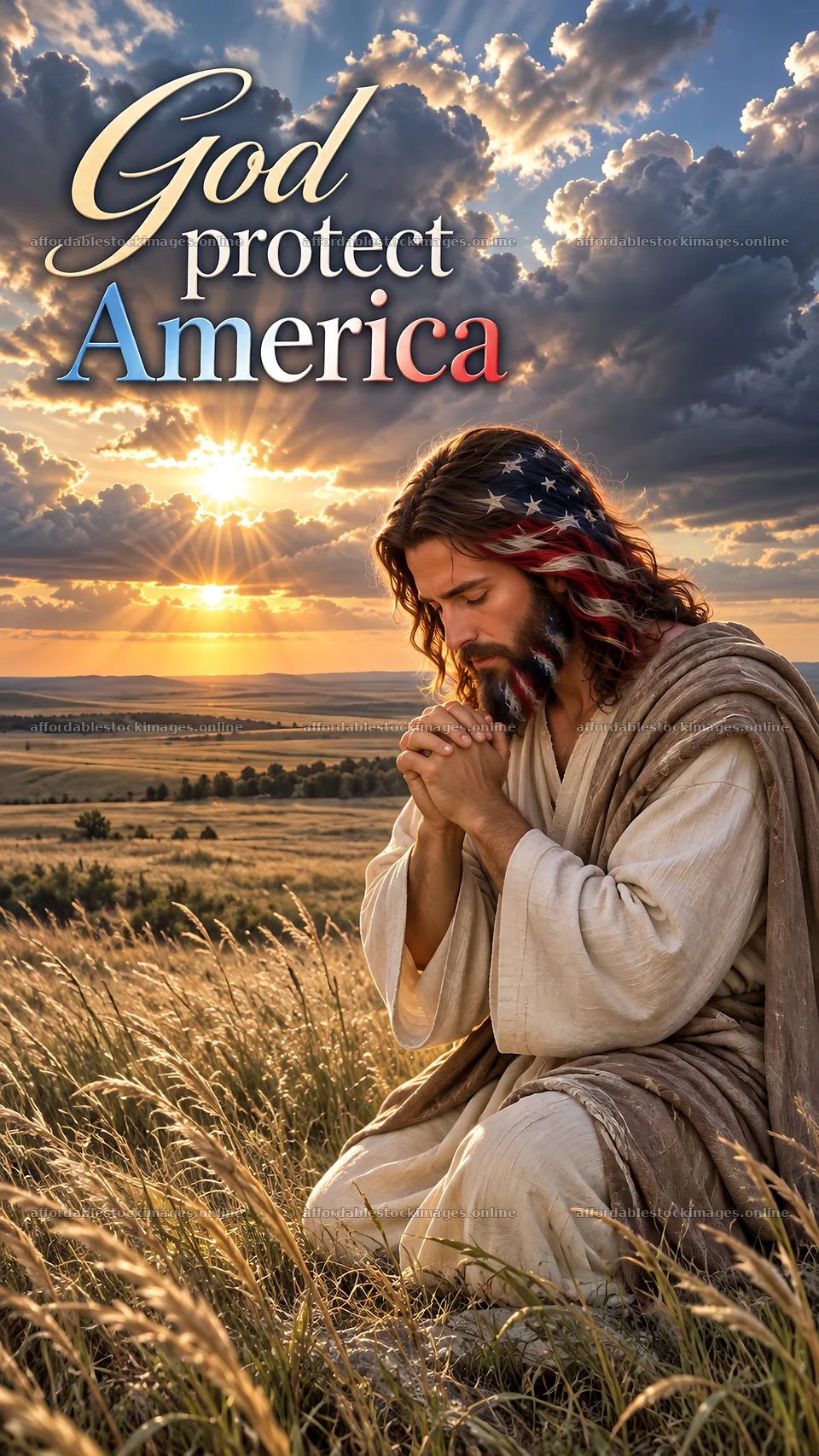 Jesus Christ praying for America in a beautiful landscape – stock images 5811x10326