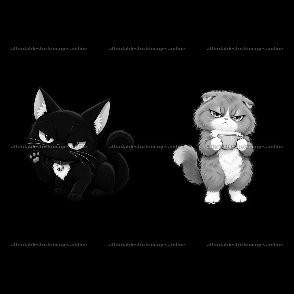 Kawaii grumpy black and gray cats with unique expressions – stock images 7746x7746