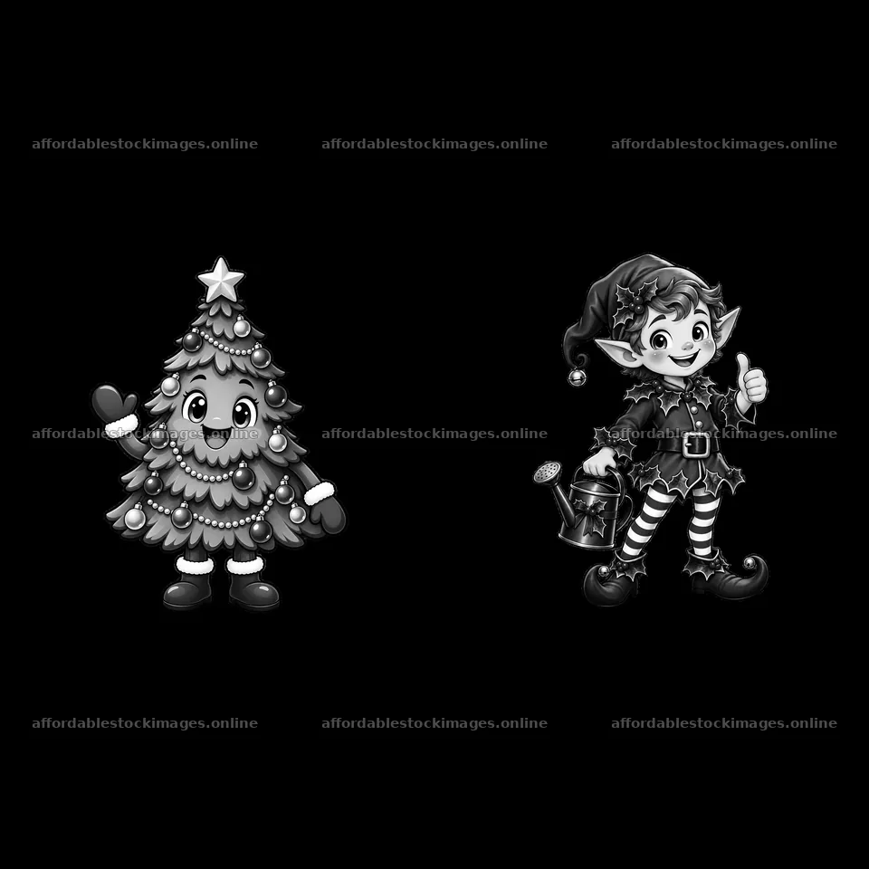 Cartoon Christmas tree and elf character in black and white – stock images 7746x7746