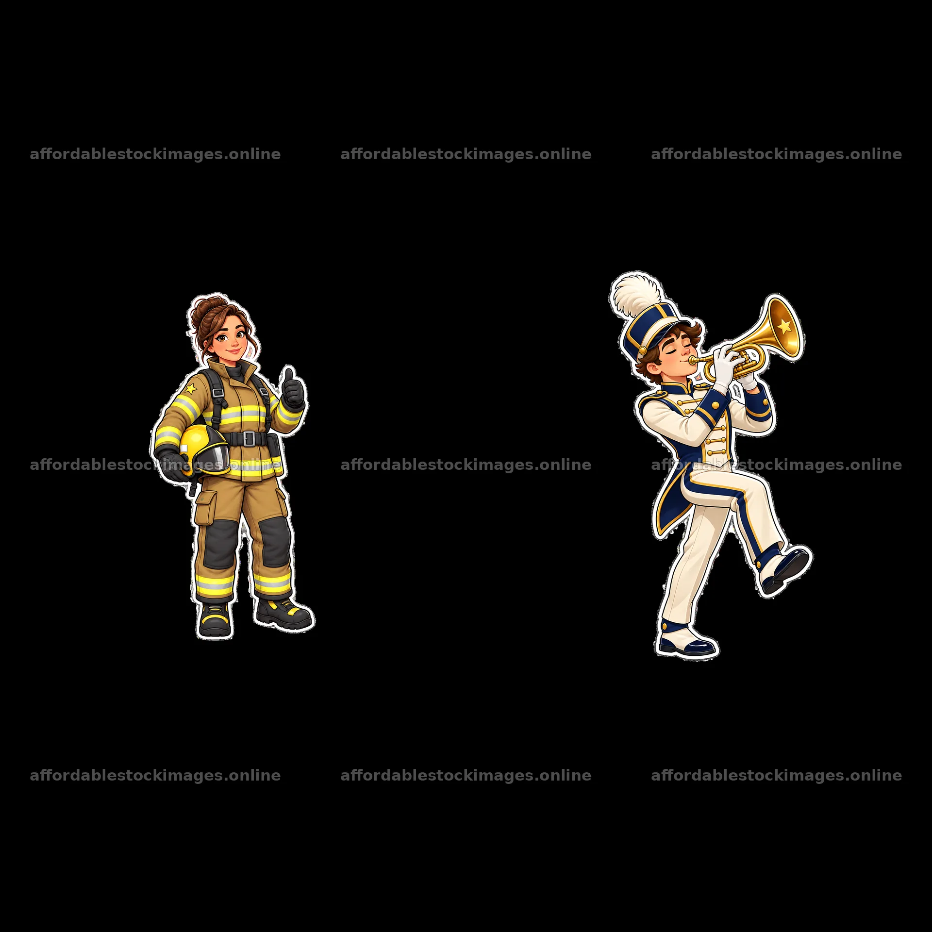 Firefighter and musician cartoon stickers for patriotic theme – stock images 7746x7746