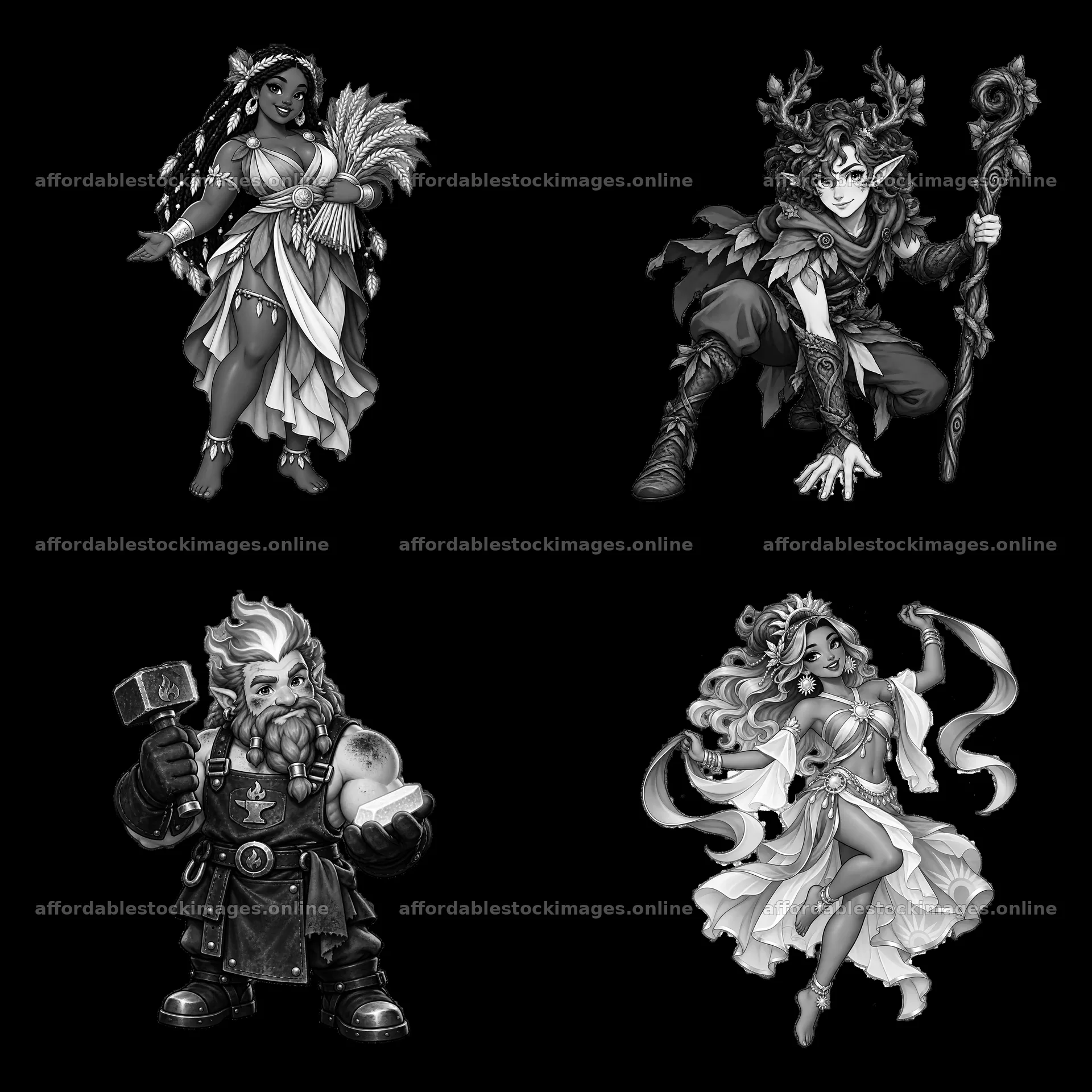 Pagan gods in black-and-white cartoon sticker illustration – stock images 7746x7746