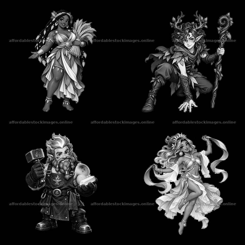 Pagan gods in black-and-white cartoon sticker illustration – stock images 7746x7746