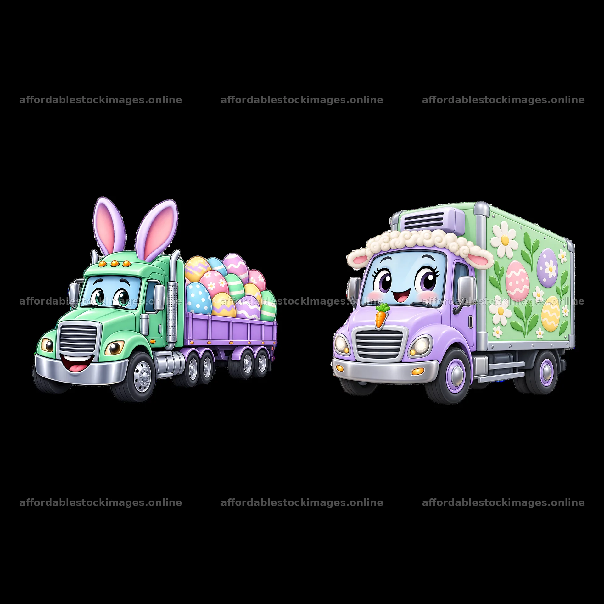 Easter trucks with eggs and bunny ears in cartoon style – stock images 7746x7746