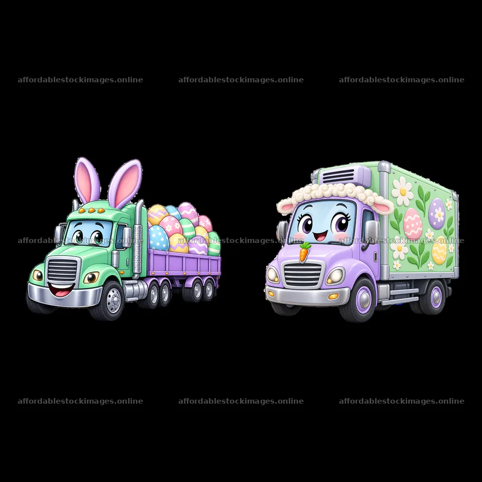 Easter trucks with eggs and bunny ears in cartoon style – stock images 7746x7746
