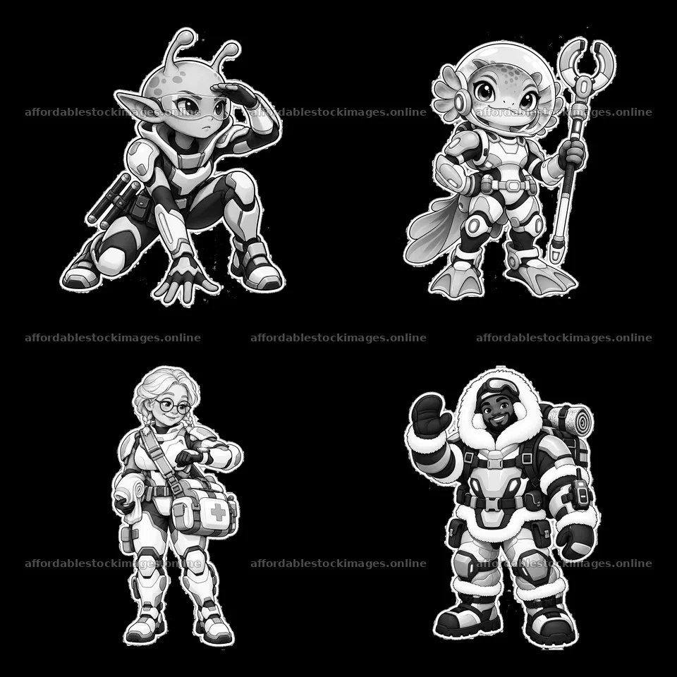 Kawaii futuristic super-soldiers in monochrome illustration – stock images 7746x7746