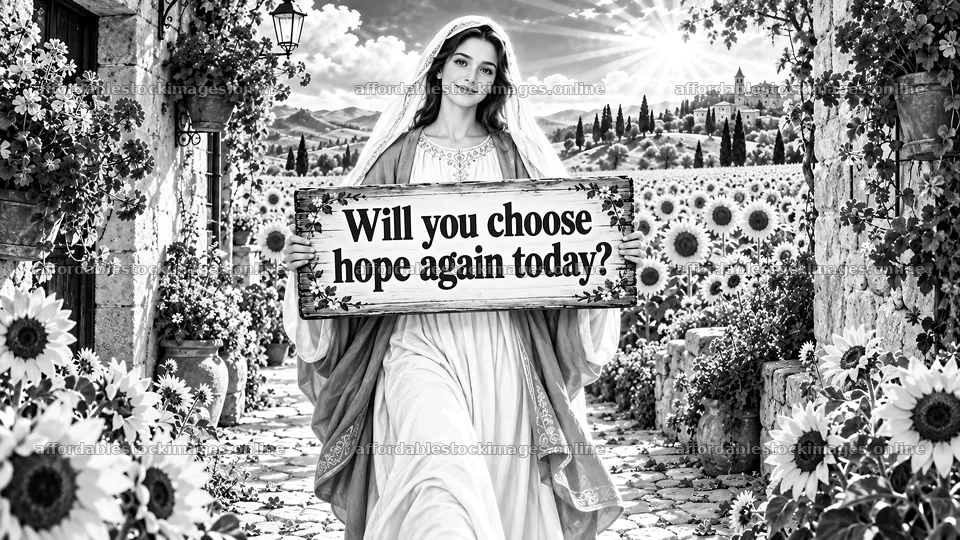 Jesus Christ offers hope in a garden of sunflowers – stock images 10324x5812
