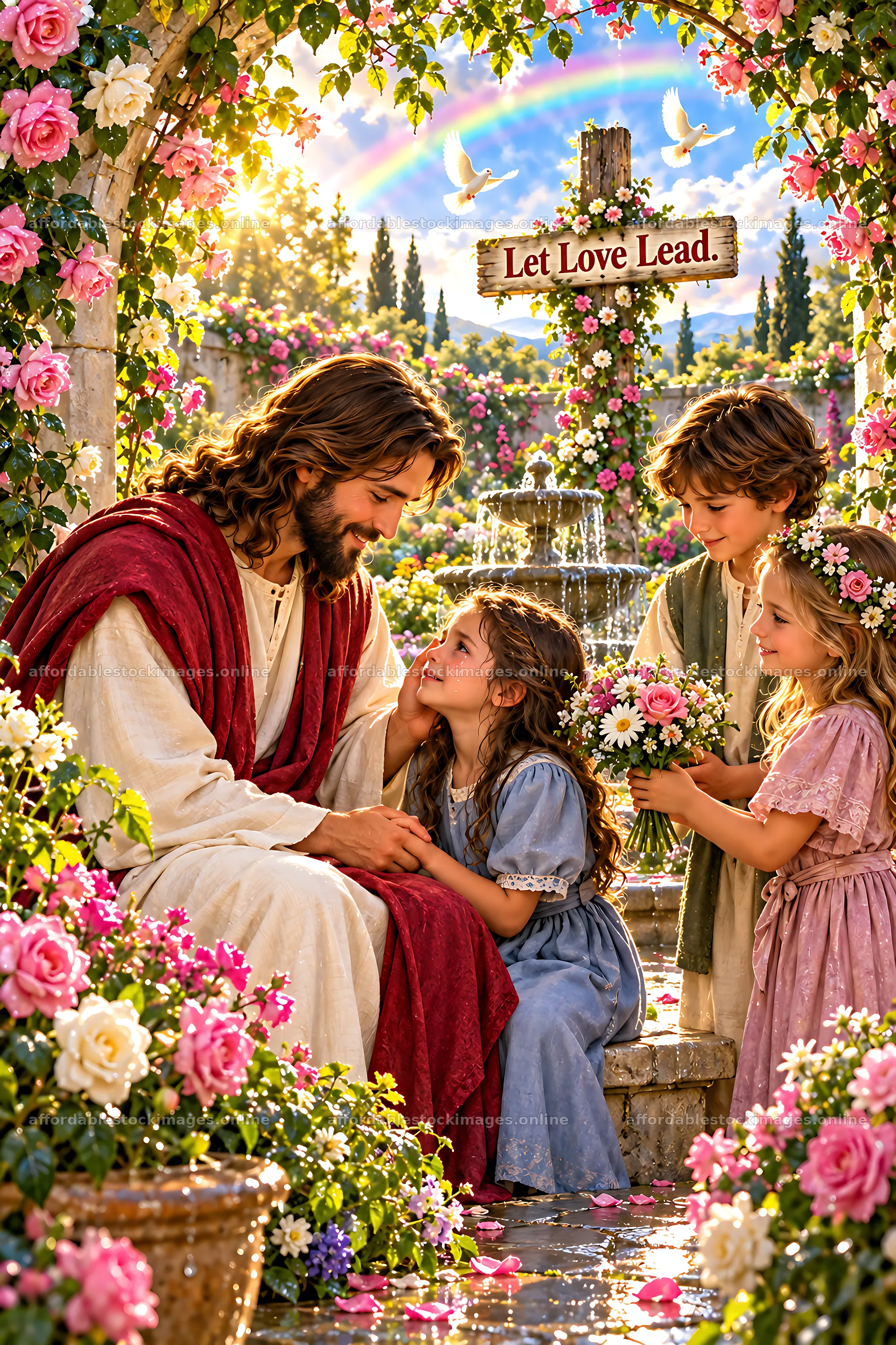 Shelter beneath the roses with children and a figure – stock images 6480x9722