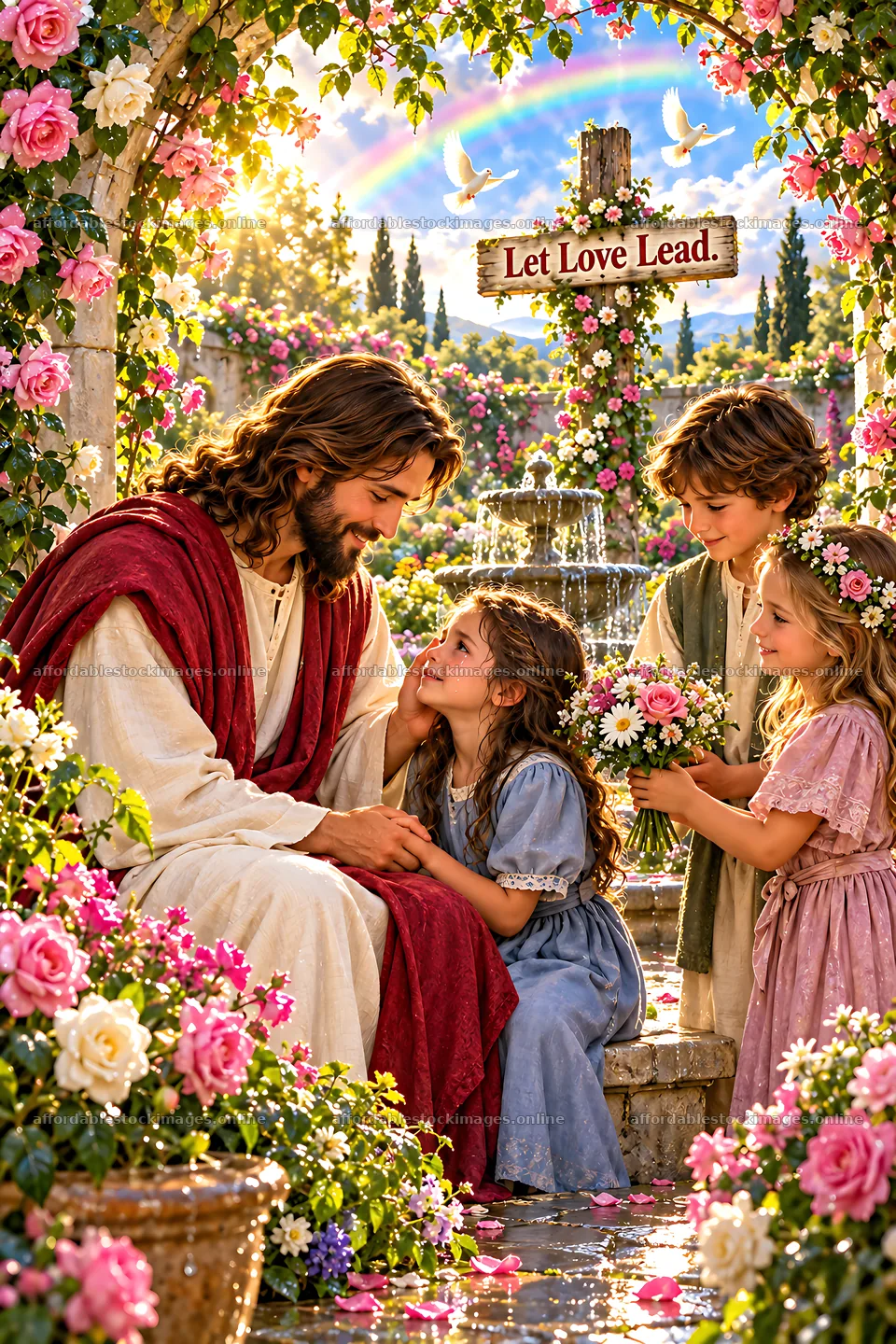 Shelter beneath the roses with children and a figure – stock images 6480x9722
