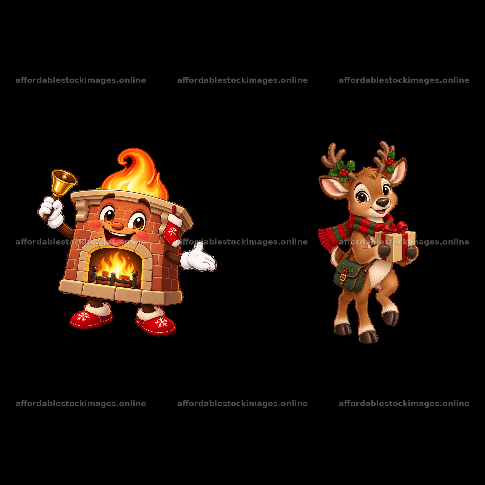 Cheerful fireplace with a bell and cute reindeer holding a gift – stock images 7746x7746