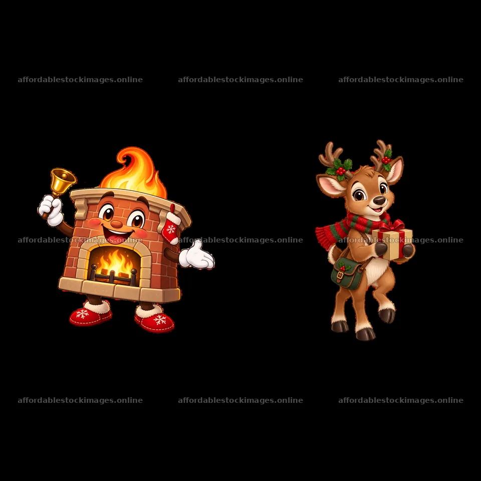 Cheerful fireplace with a bell and cute reindeer holding a gift – stock images 7746x7746