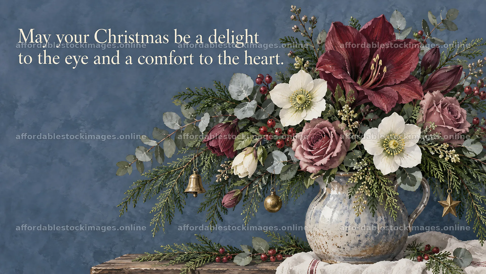 Christmas greeting with flowers and gold ornaments – stock images 10324x5812
