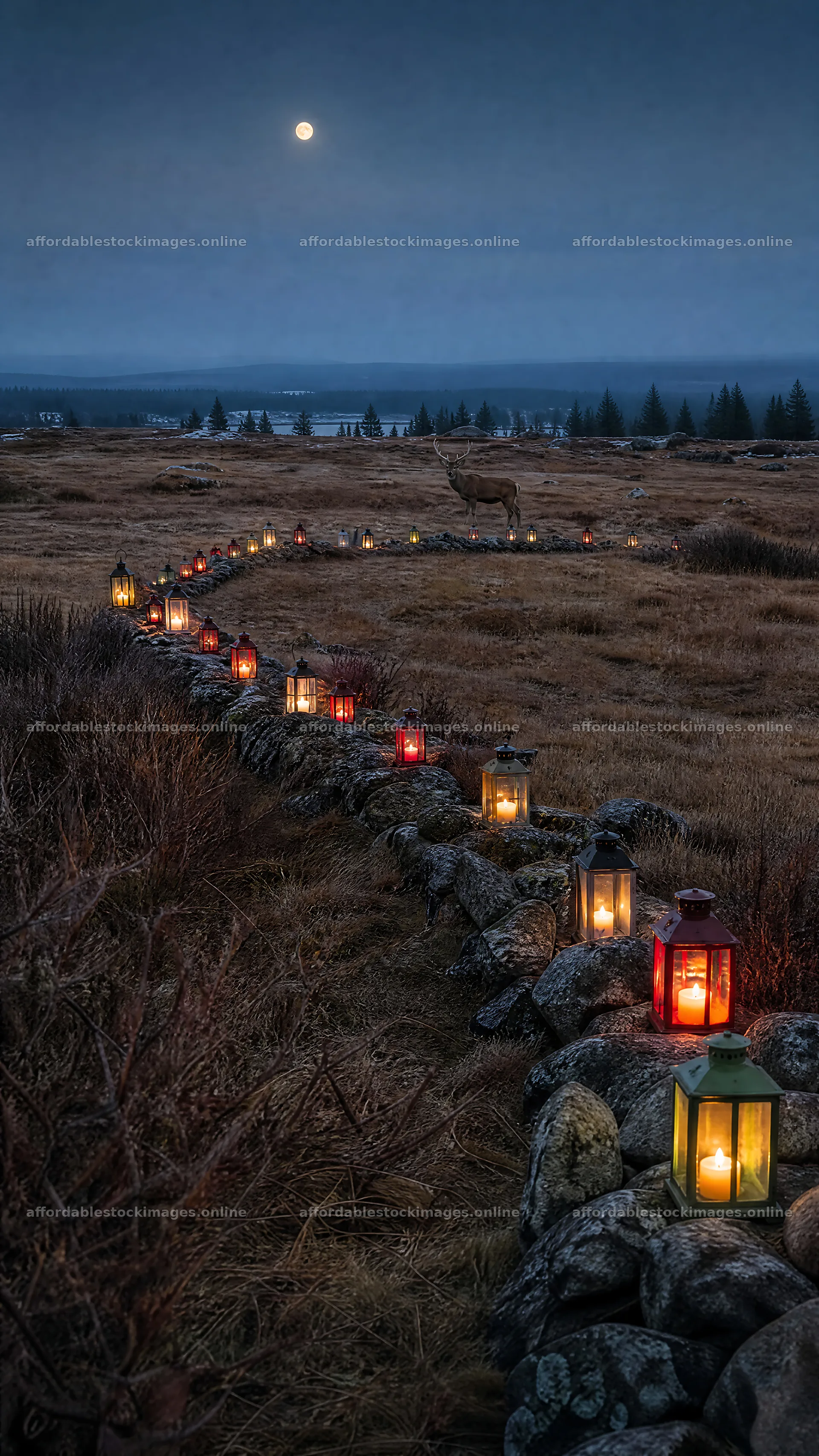 Colorful lanterns line a rocky path in a meadow – stock images 5952x10584