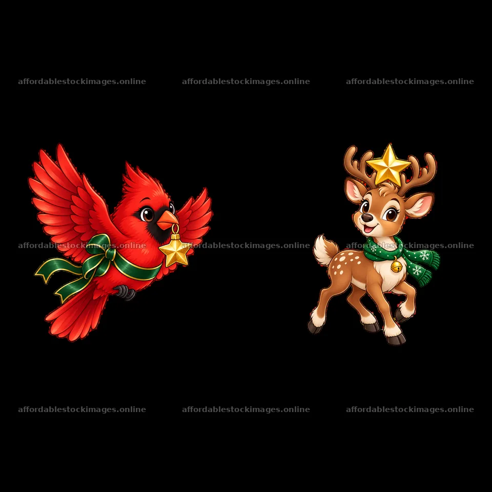 Red cardinal bird and reindeer with star ornaments for Christmas – stock images 7746x7746