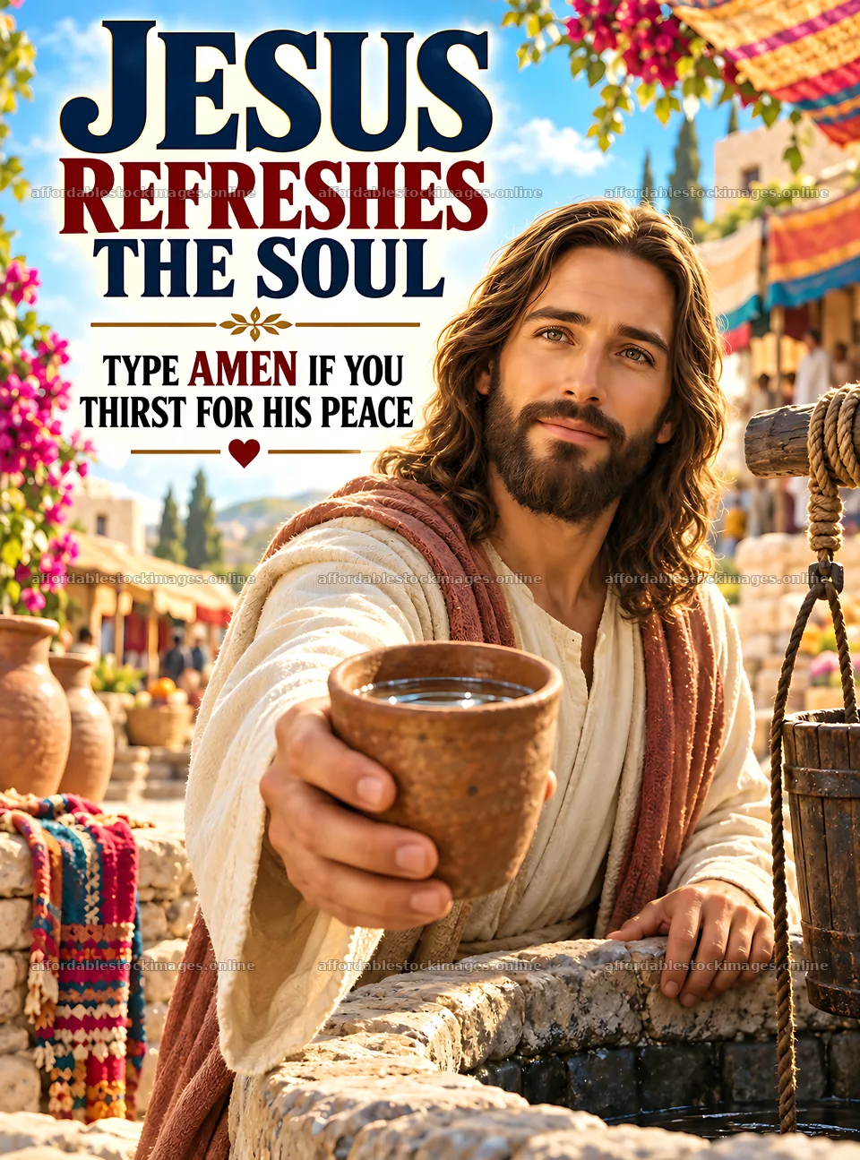 Jesus offers water from a well in a vibrant market setting – stock images 6834x9220
