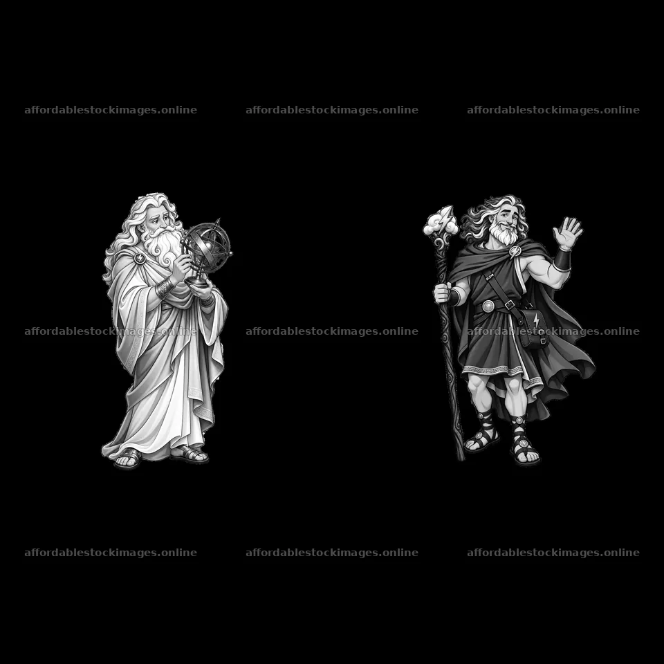 Zeus holding an orb and Zeus with a staff in monochrome – stock images 7746x7746