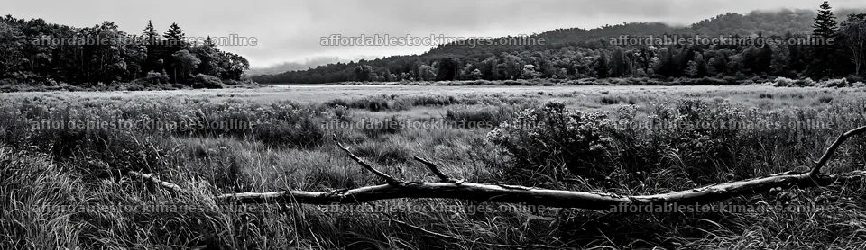 Yamagata rewilded meadow with fallen branch in the foreground – stock images 14762x4268
