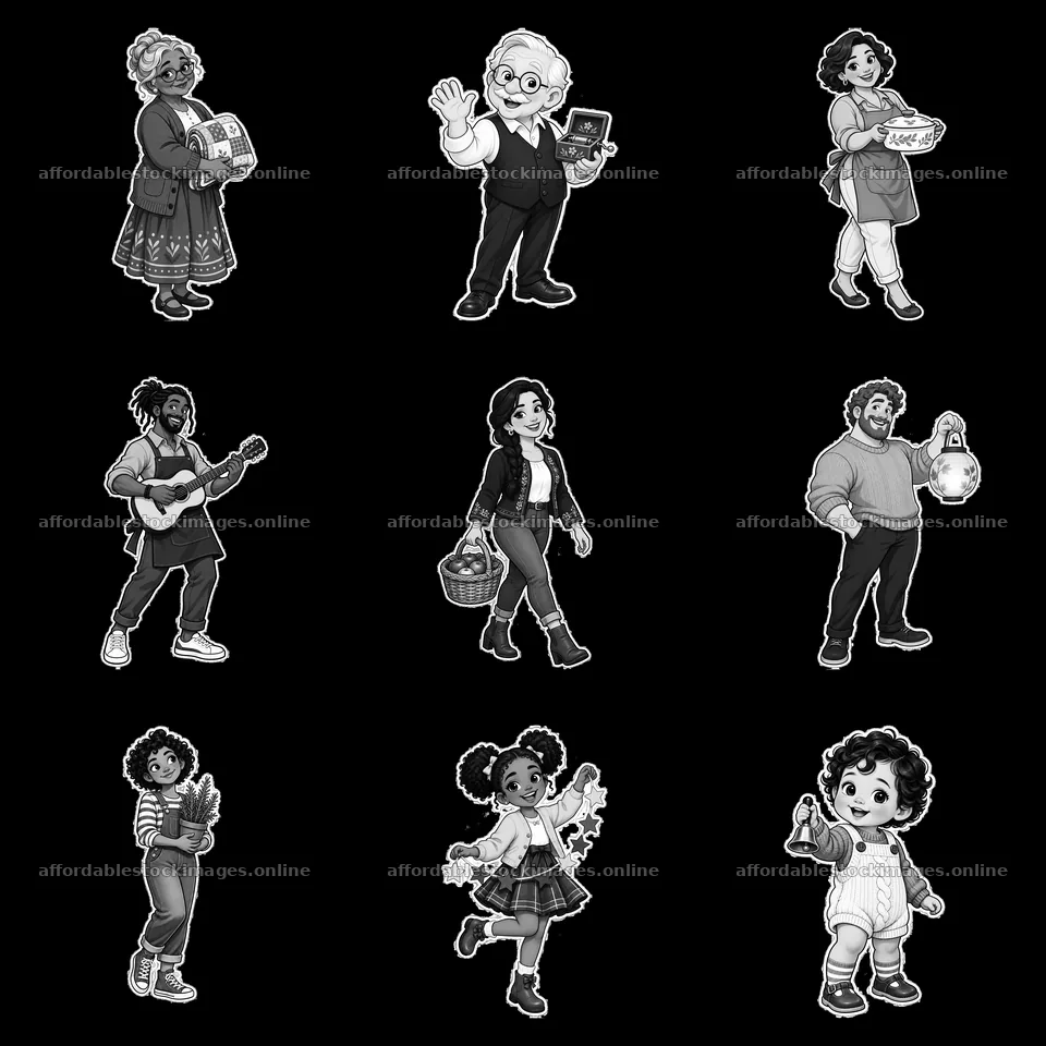Diverse family characters engaging in various activities – stock images 7746x7746