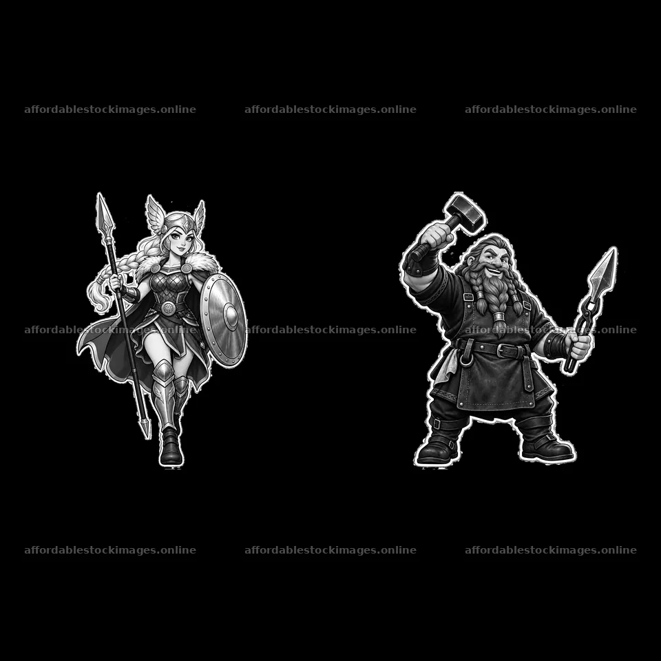 Odin's warriors with spear, shield, hammer, and axe in – stock images 7746x7746