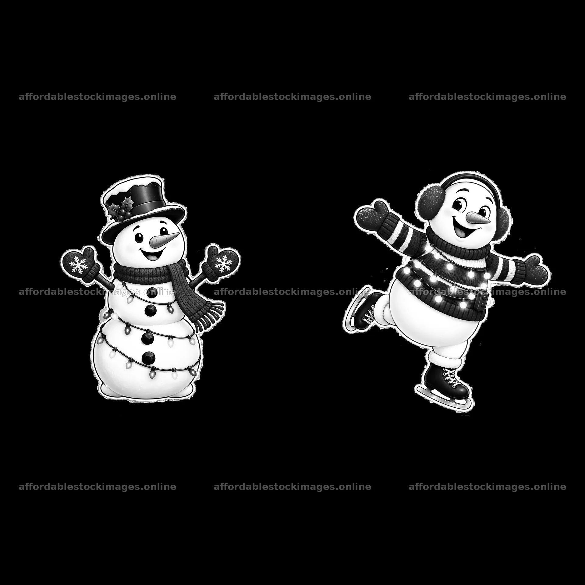 Snowman holding hearts and snowman skating with lights – stock images 7746x7746