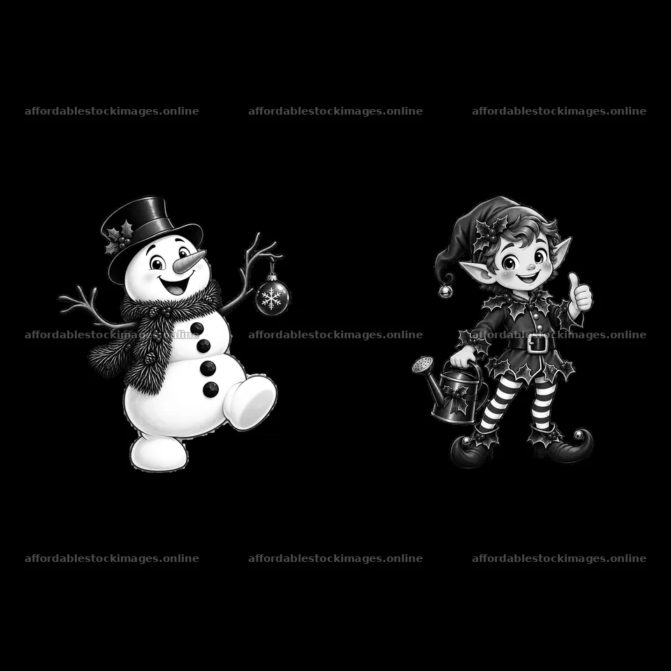 Snowman and elf carrying ornament and watering can for Christmas – stock images 7746x7746