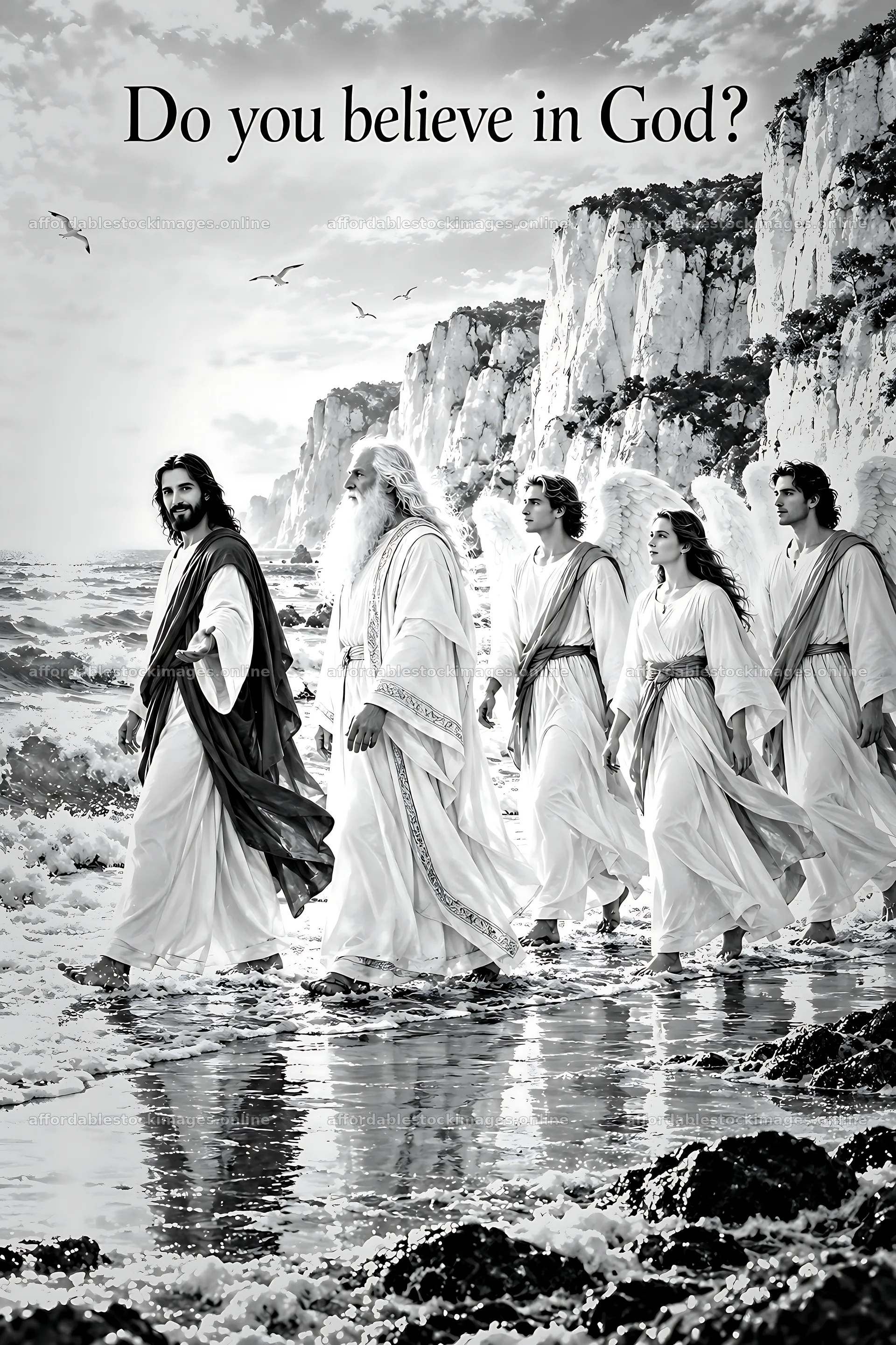 Walking on the shore with figures in white robes – stock images 6480x9722