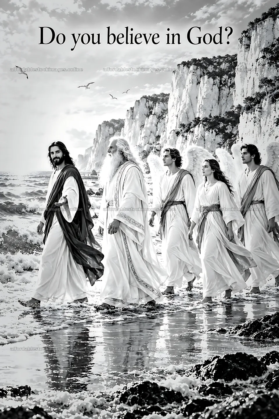 Walking on the shore with figures in white robes – stock images 6480x9722