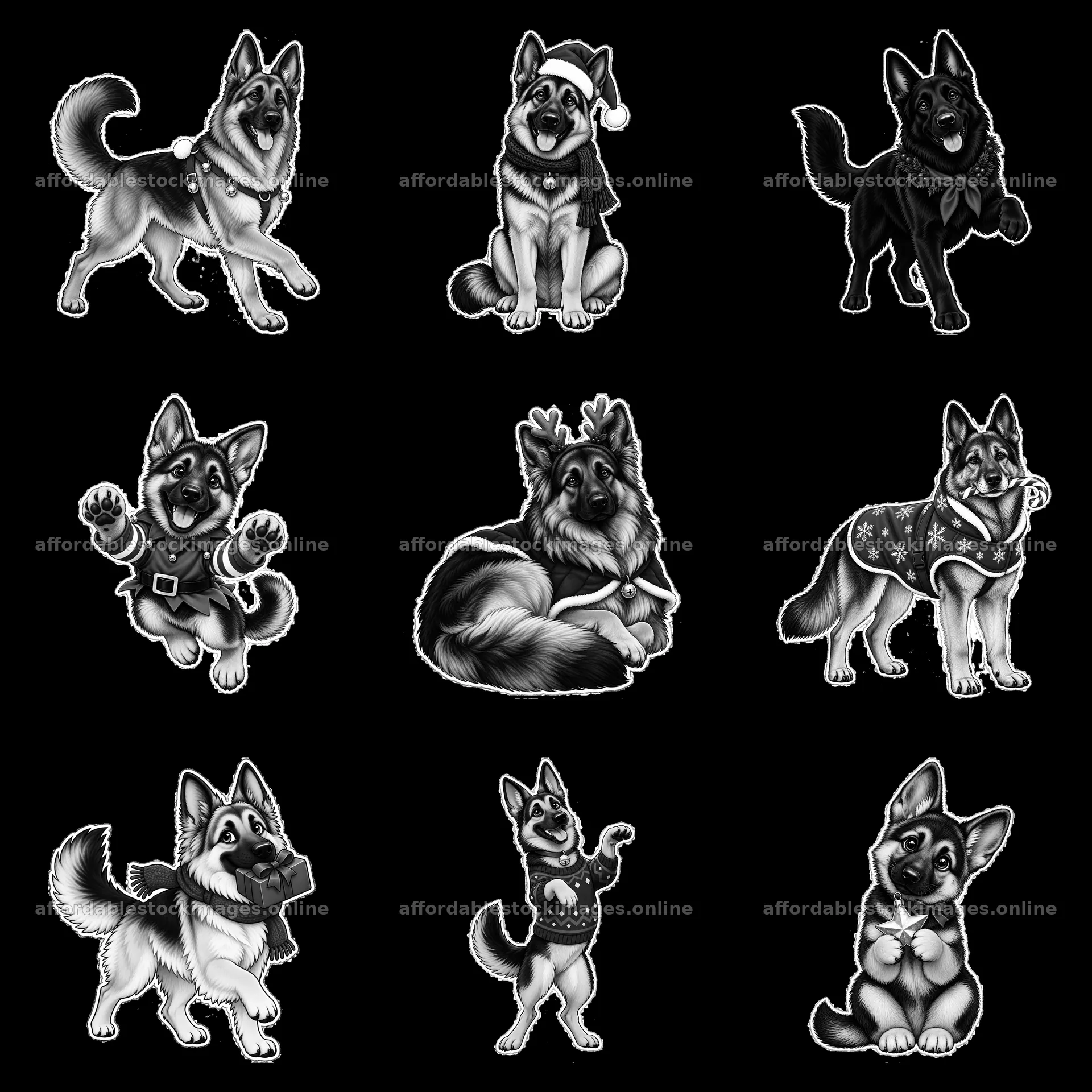 German Shepherds in Christmas attire arranged in a 3x3 grid – stock images 7746x7746