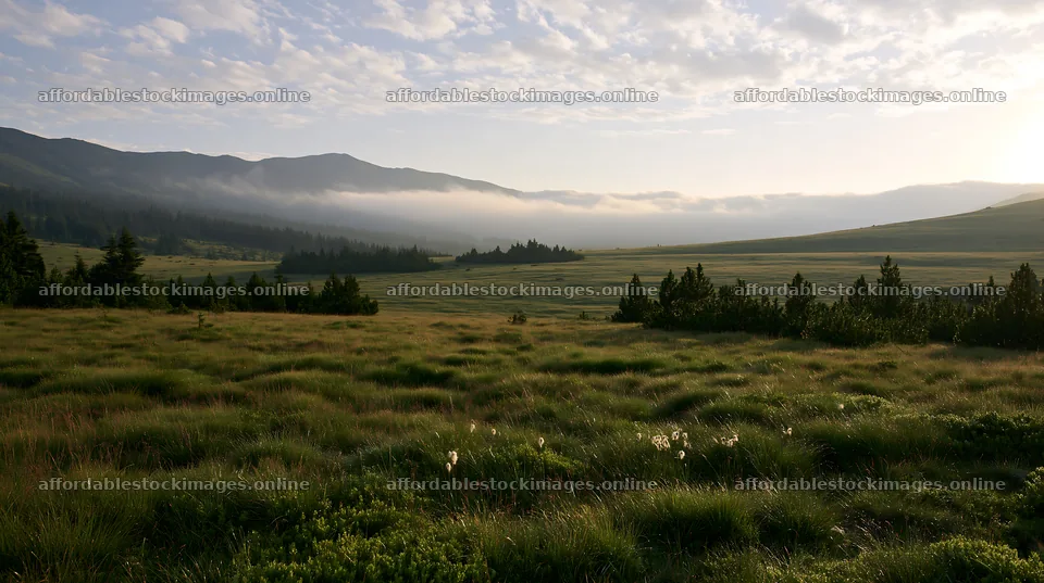 Dewy meadow landscape with misty mountains in the background – stock images 10608x5938