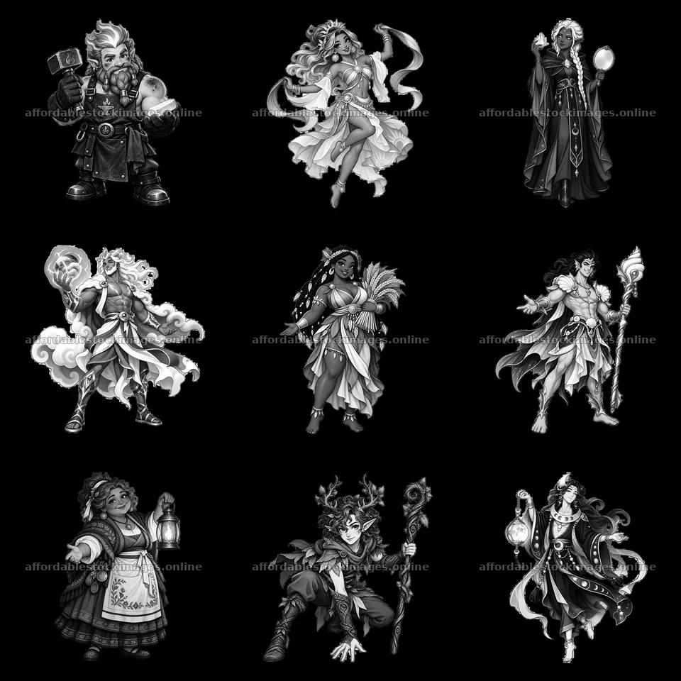 Monochrome stickers of various pagan gods in a 3x3 layout – stock images 7746x7746