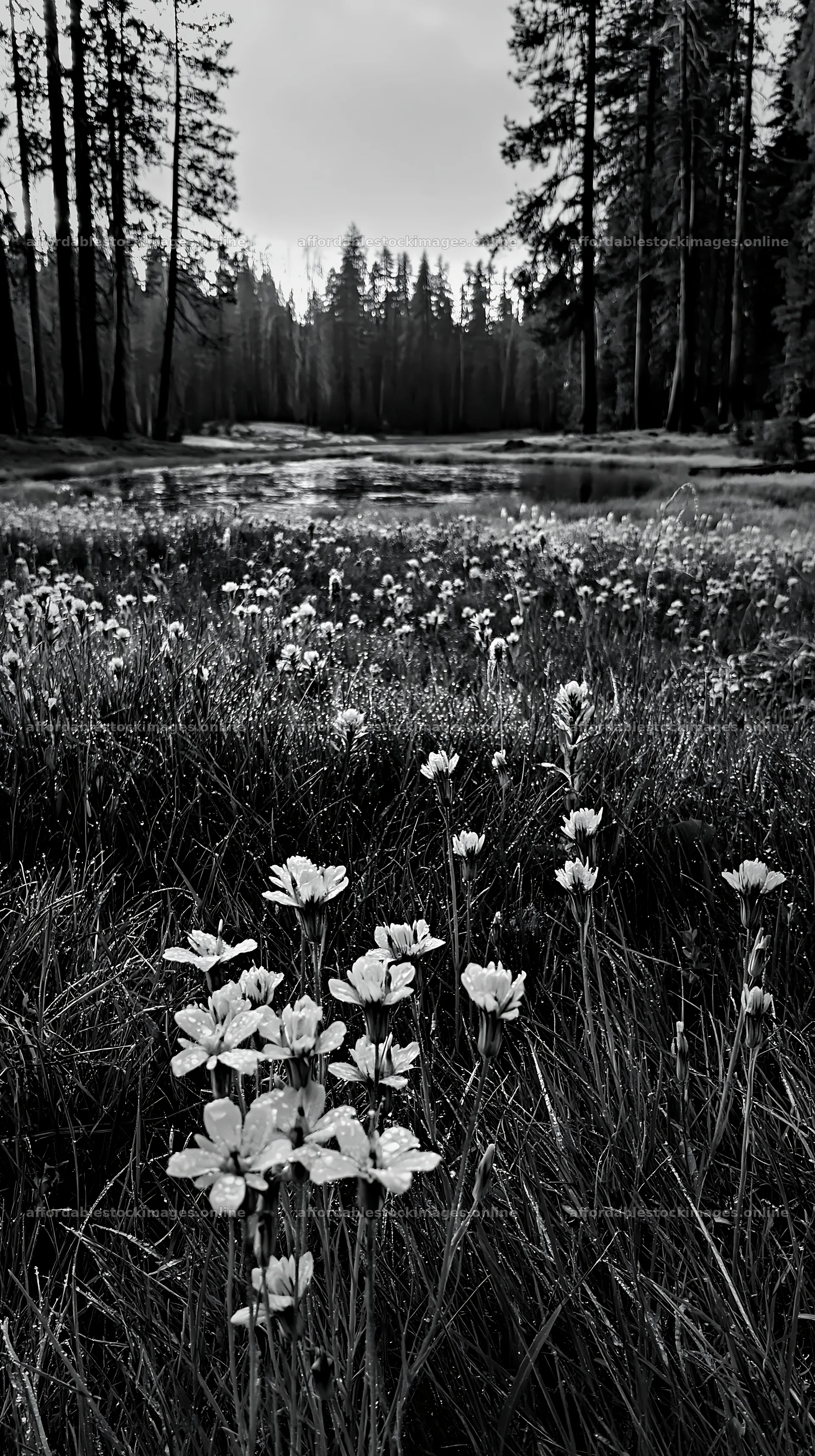 Pine forest meadow with wildflowers near a water source – stock images 5938x10608