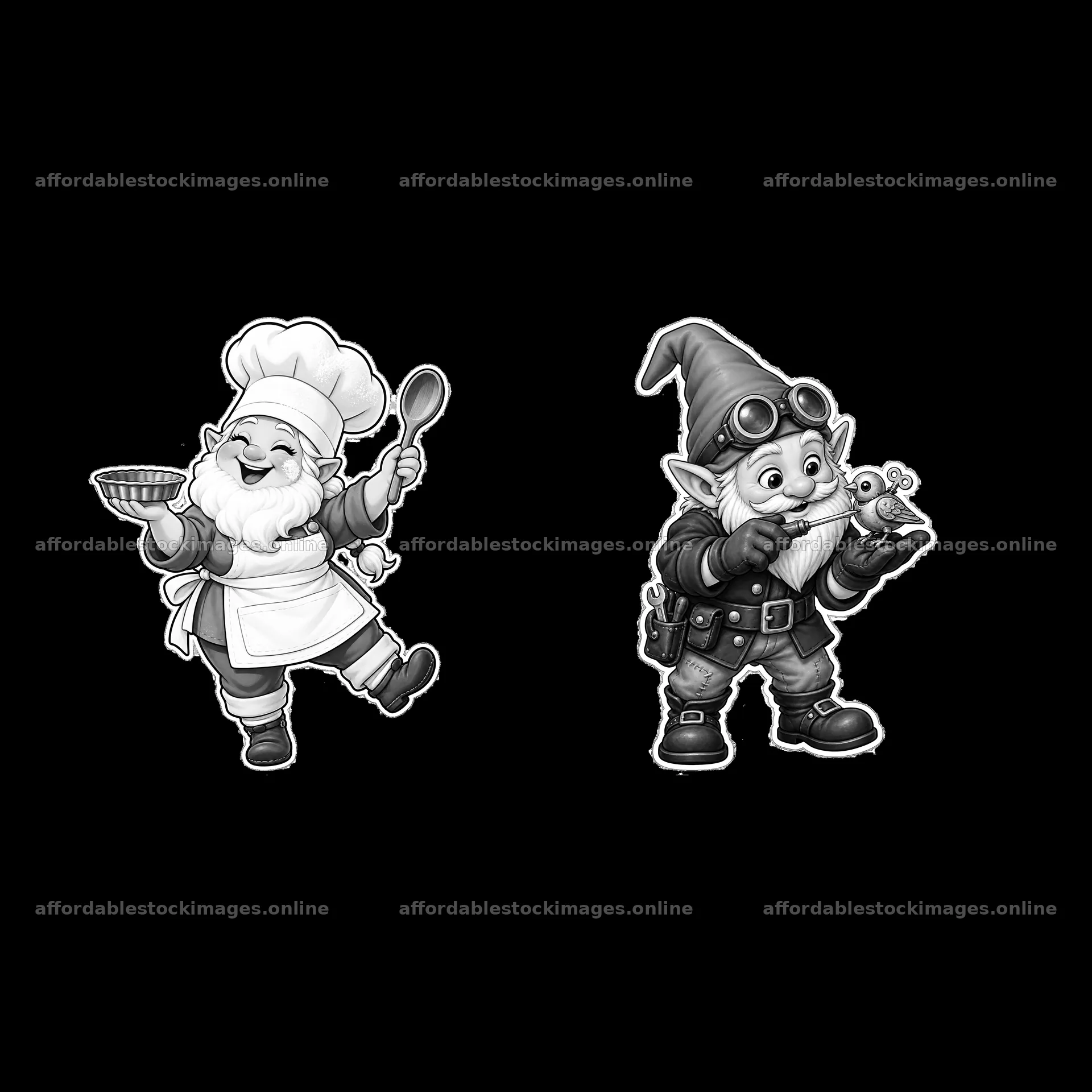 Gnome chef holding a pie and gnome with a pet snail – stock images 7746x7746