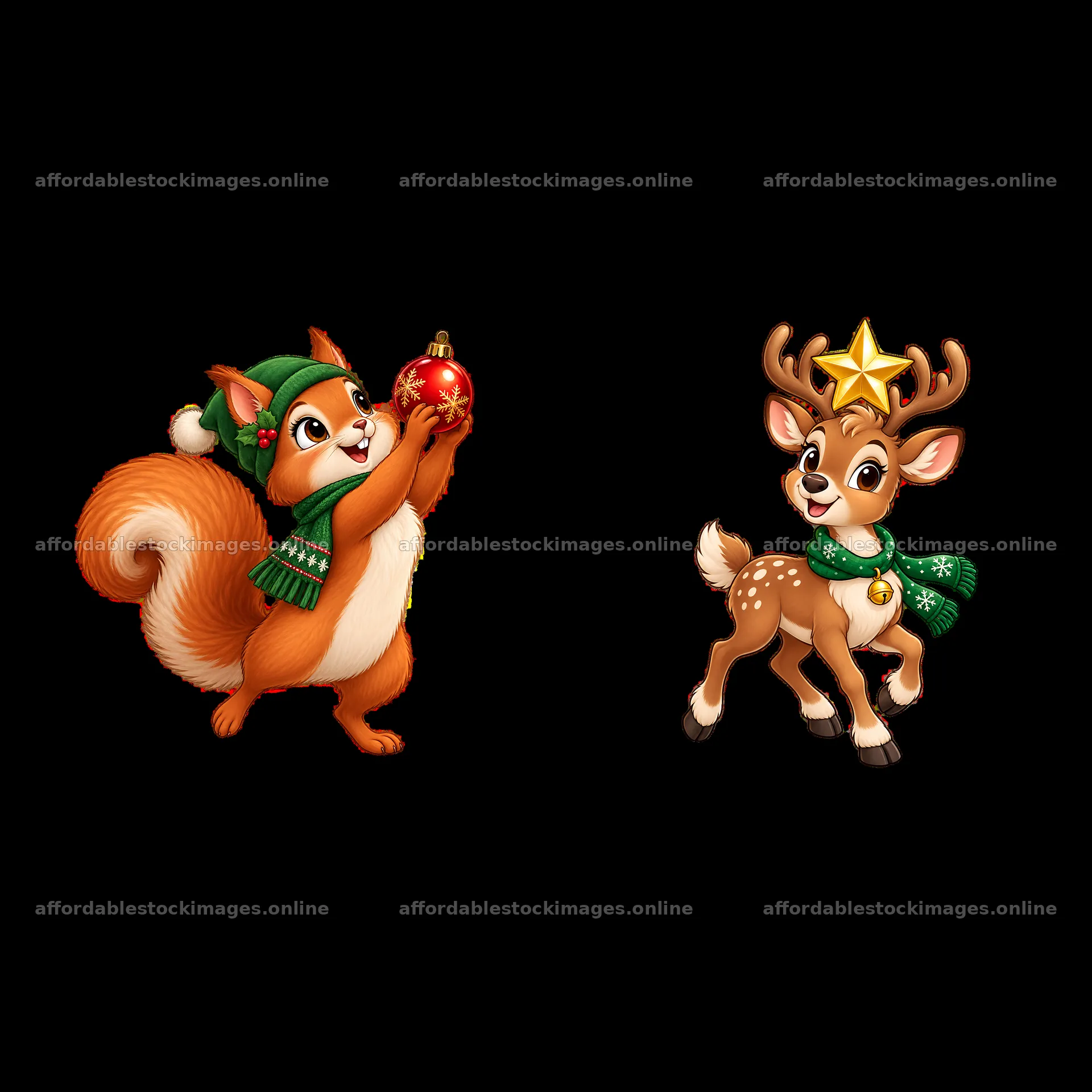 Squirrel holds ornament beside reindeer with star on collar – stock images 7746x7746