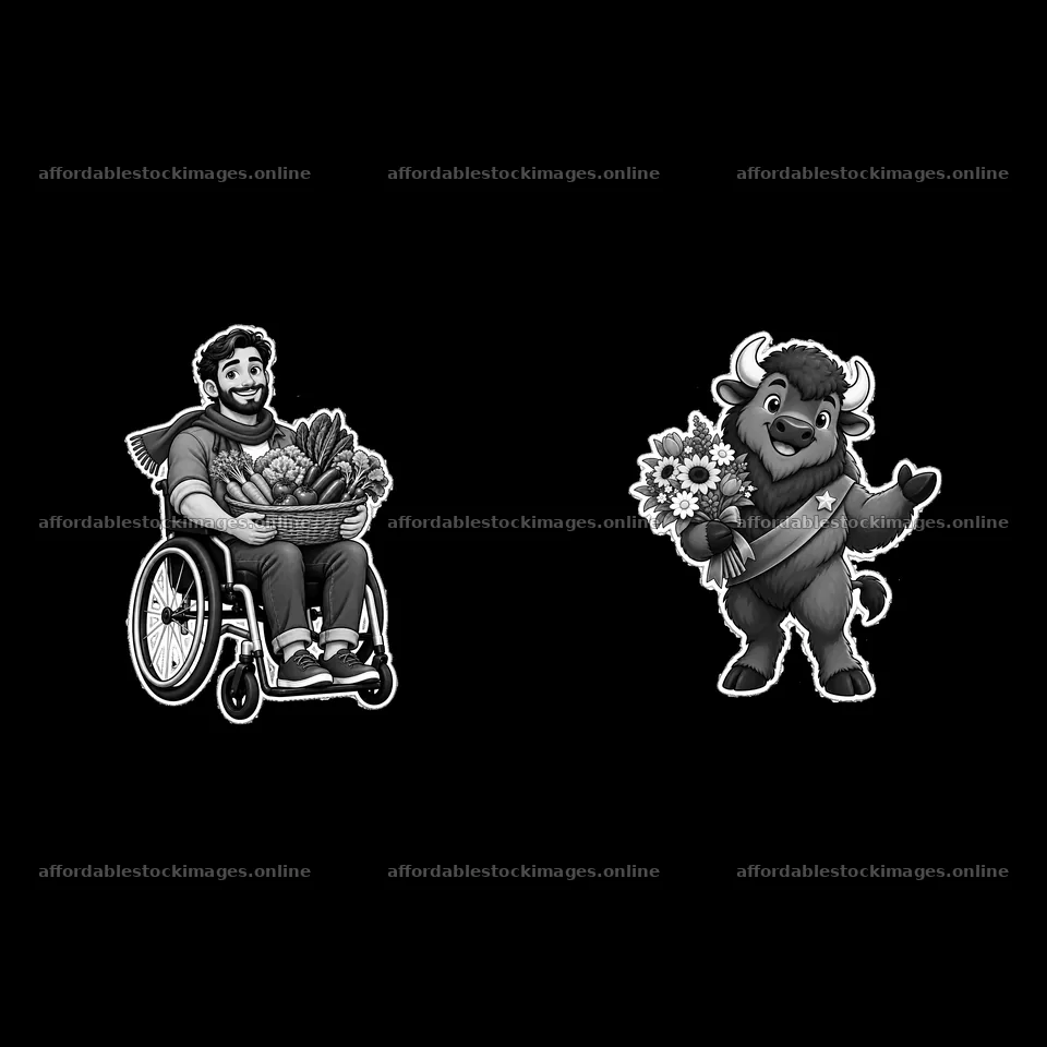 Man in wheelchair with groceries and a bison mascot holding – stock images 7746x7746