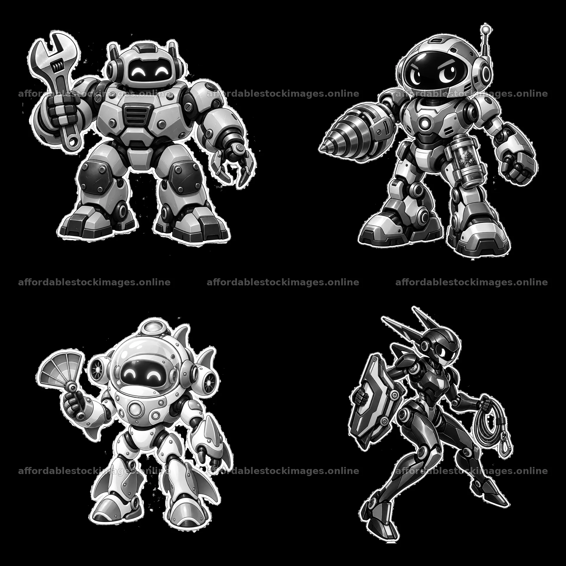 Four cartoon mech robots in a black-and-white illustration – stock images 7746x7746