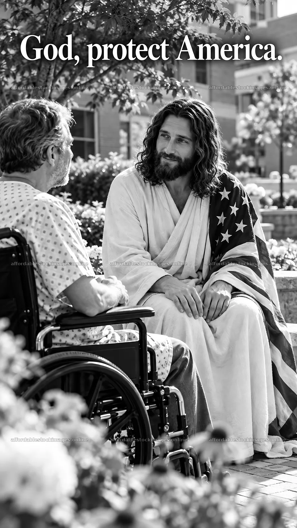 Jesus Christ comforting a man in a wheelchair – stock images 5811x10326
