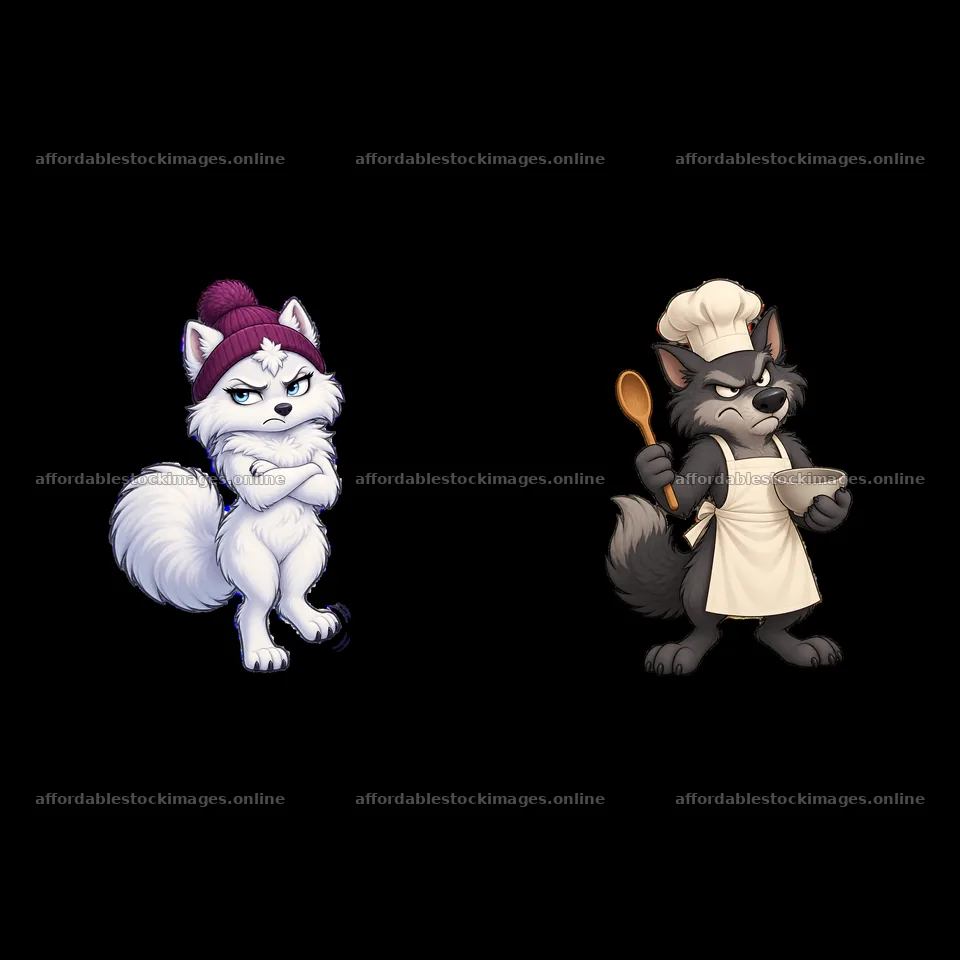 Grumpy wolf chef with an annoyed wolf in a winter hat – stock images 7746x7746