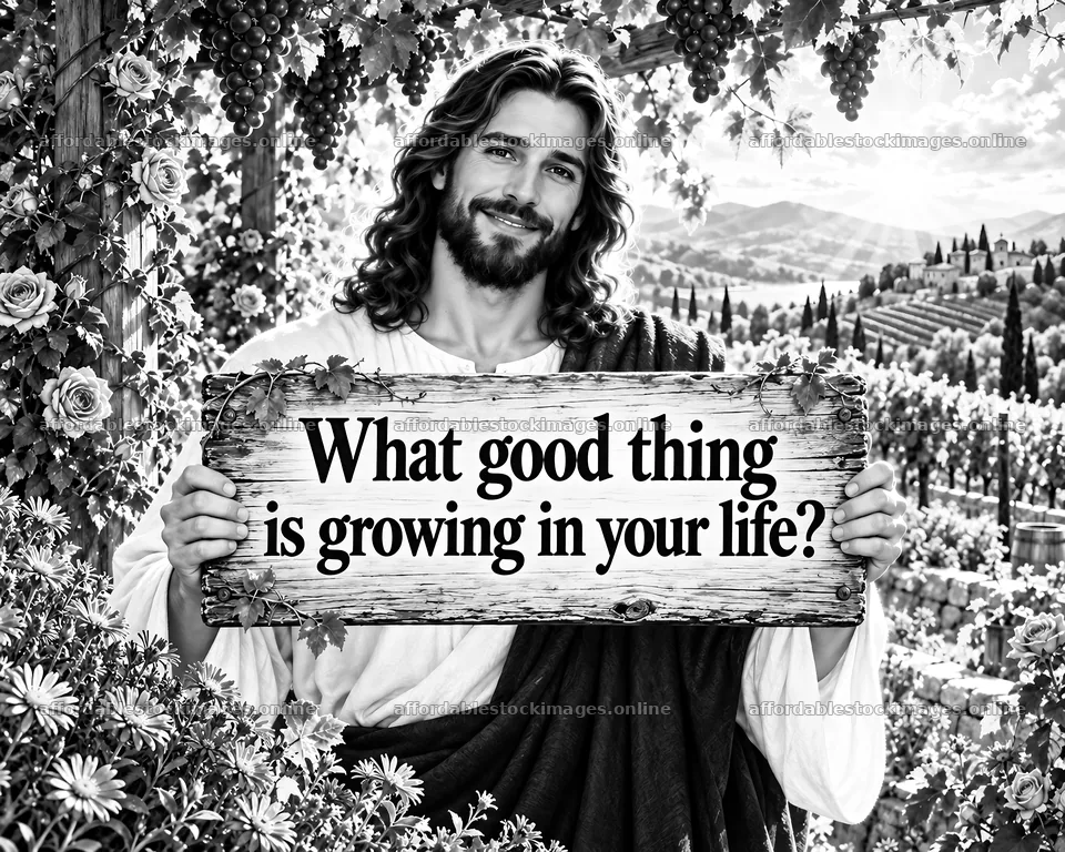 Jesus Christ holding a sign in a vineyard asking about growth – stock images 8659x6930