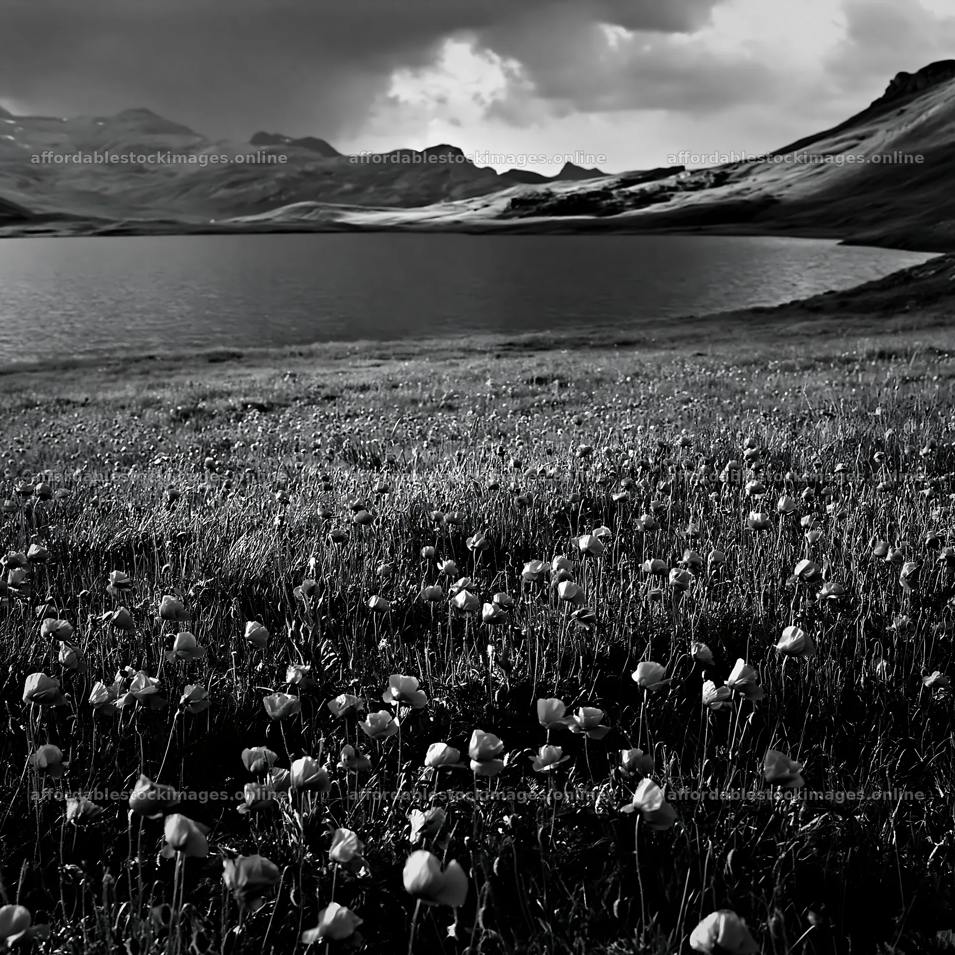 Swiss meadow beside alpine lake with red flowers – stock images 7938x7938