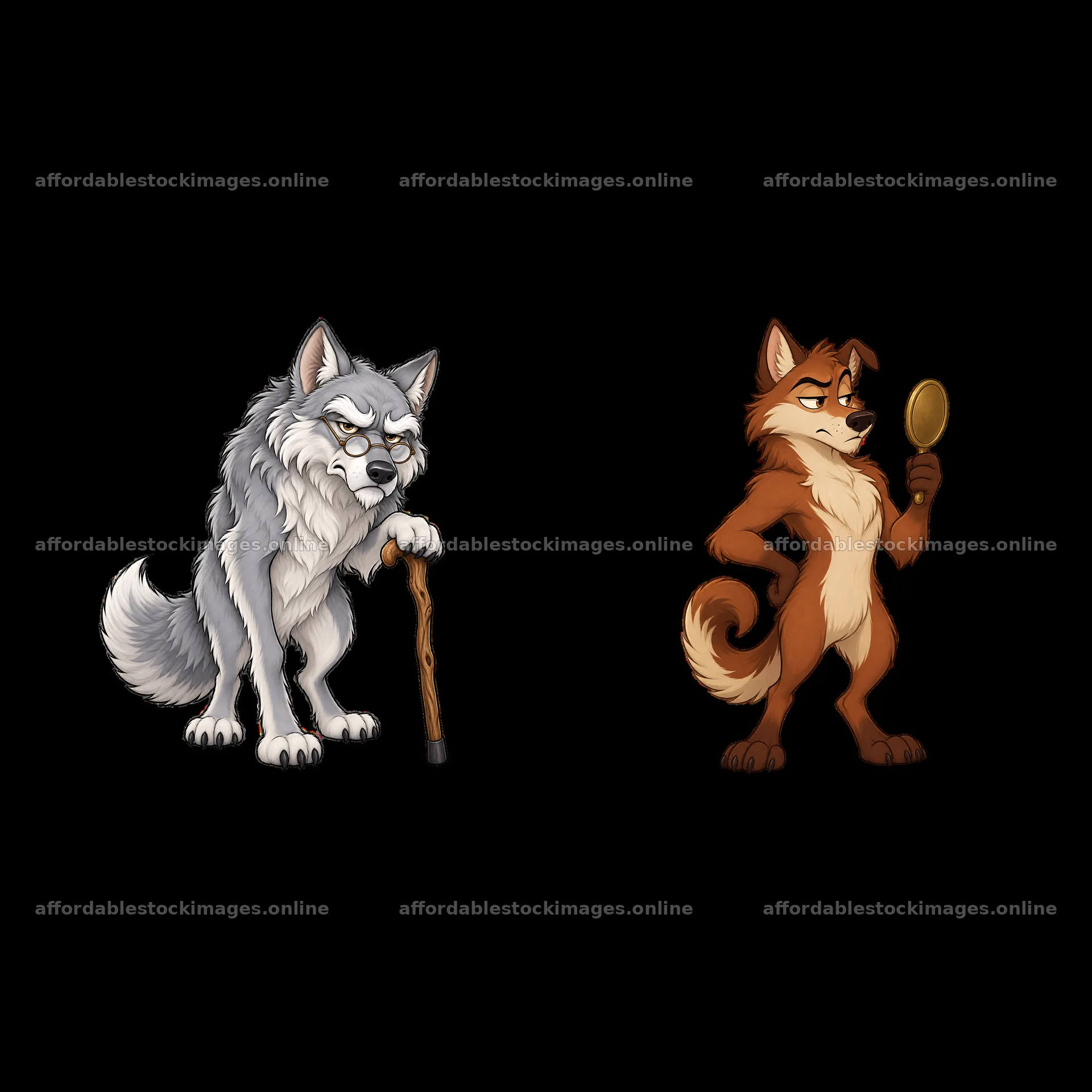 Grumpy wolf character with cane and young playful wolf holding – stock images 7746x7746