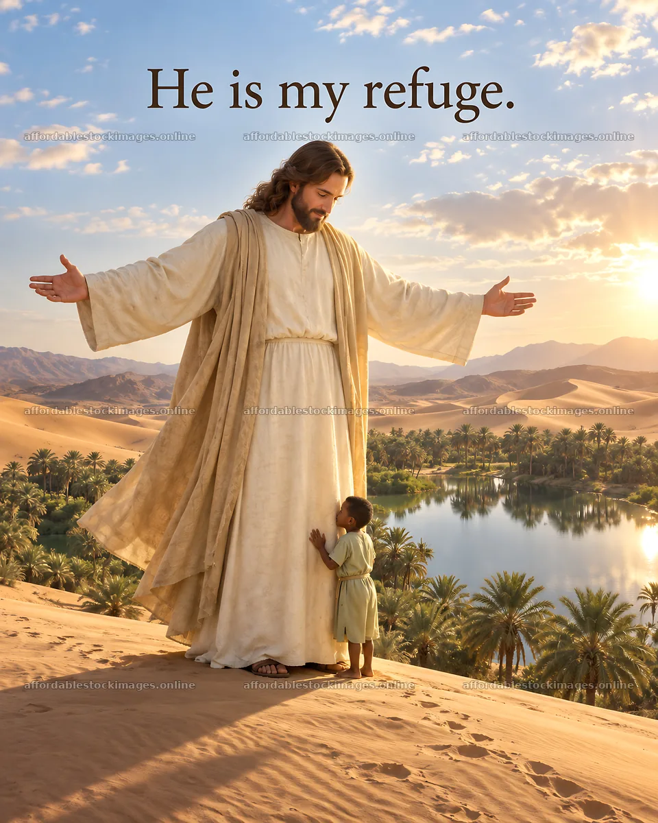Jesus Christ comforting a child by a body of water – stock images 6930x8659