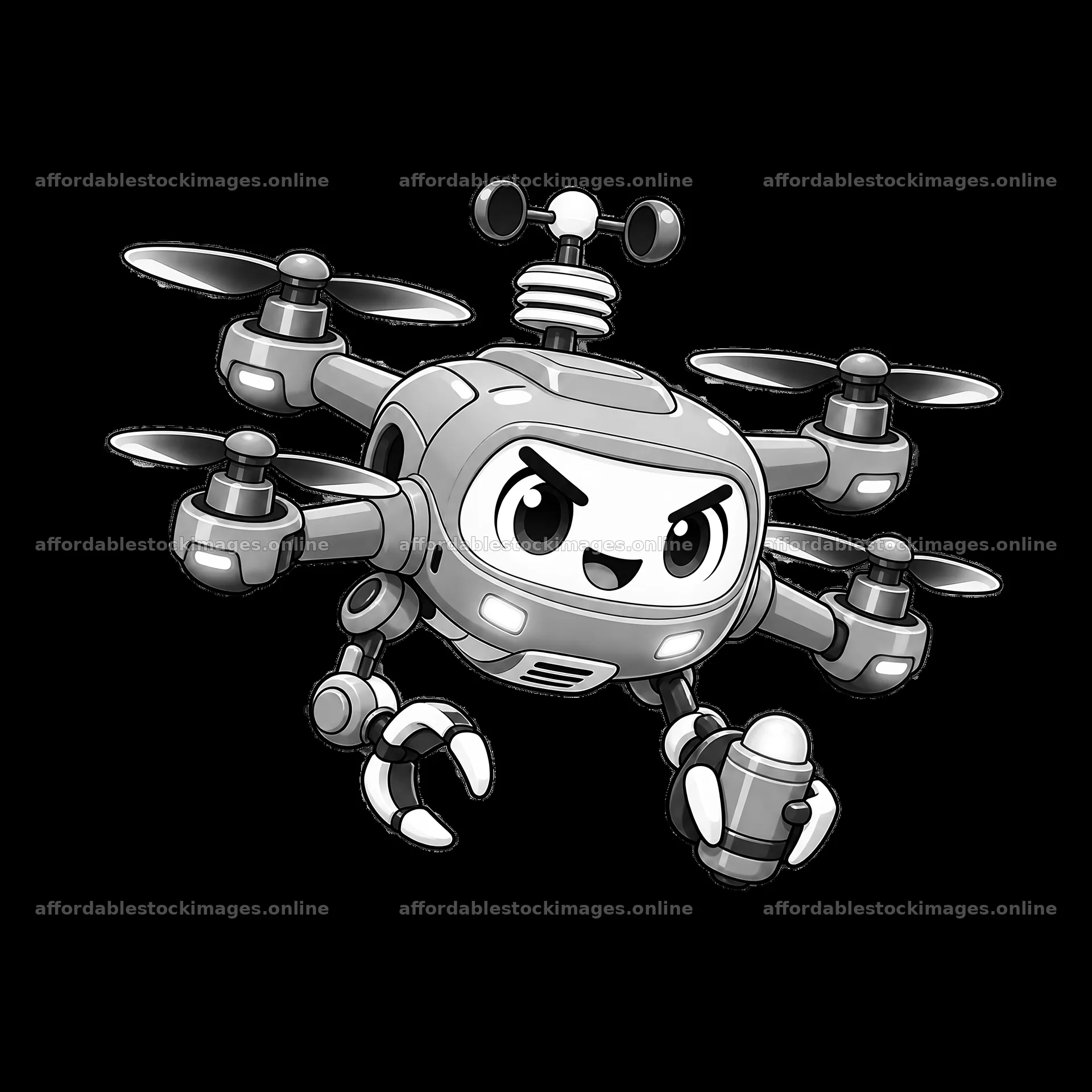 Drone character flying with an energetic expression and – stock images 7746x7746