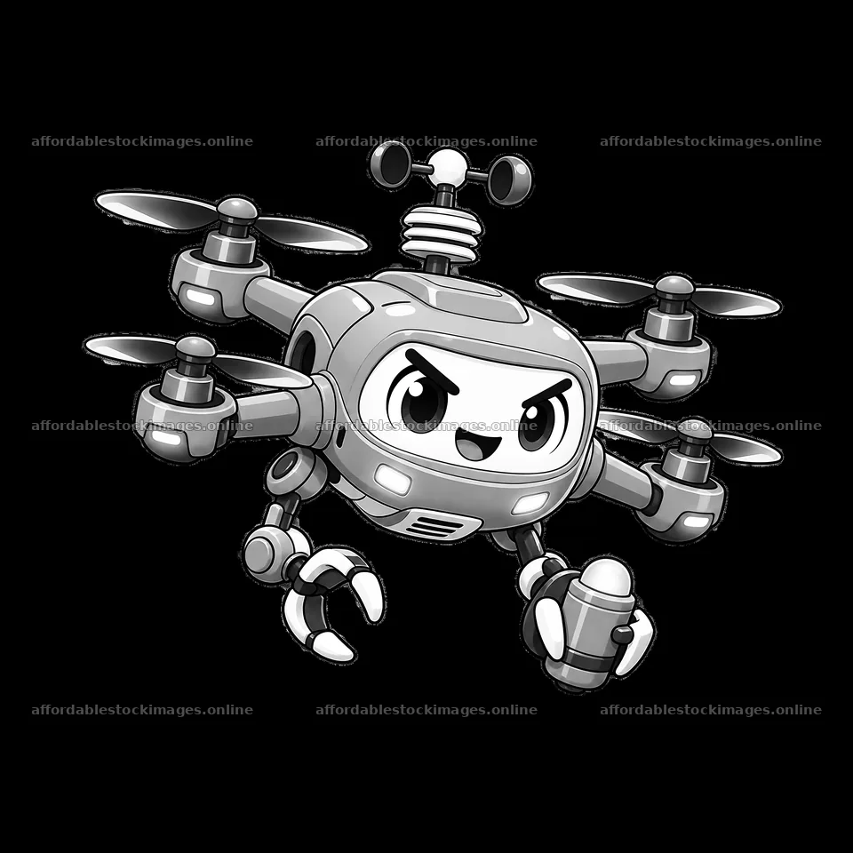 Drone character flying with an energetic expression and – stock images 7746x7746