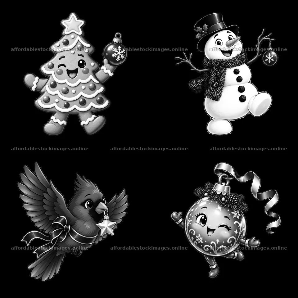 Cartoon Christmas characters with tree, snowman, bird, and – stock images 7746x7746