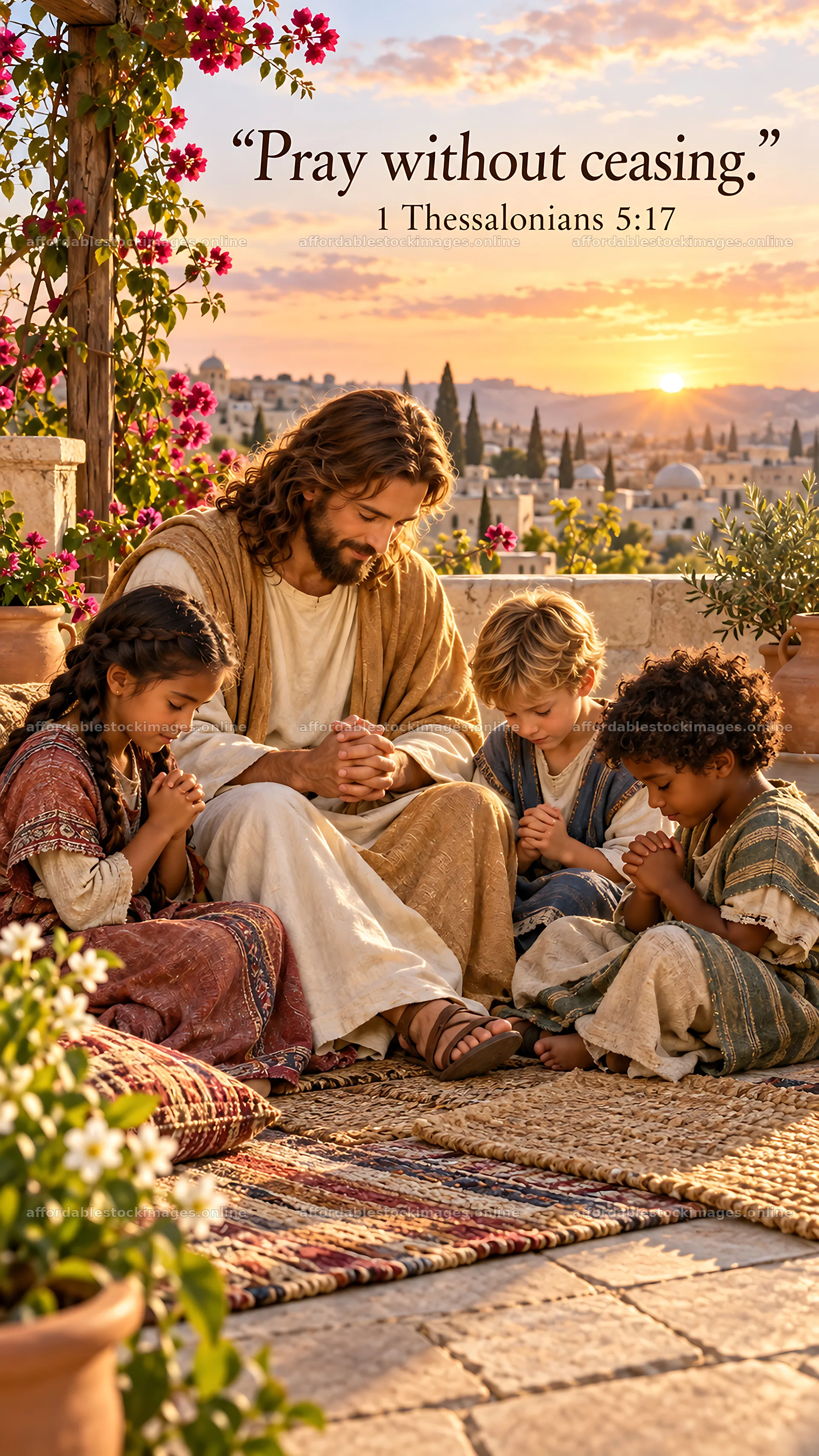 Jesus Christ teaching children to pray – stock images 5811x10326