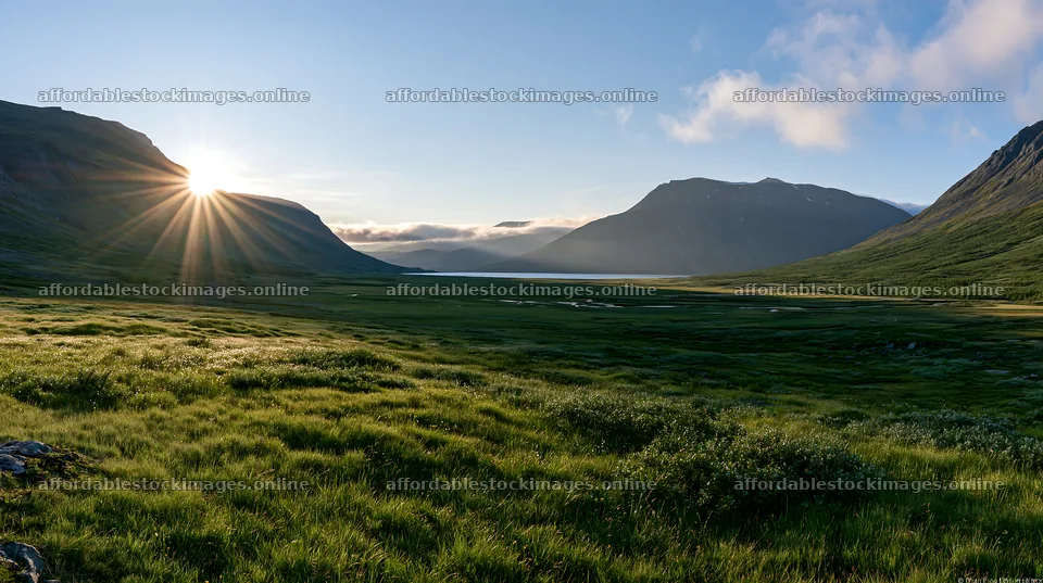 Sunbeams shine over Jotunheimen valley meadow in Norway – stock images 10608x5938