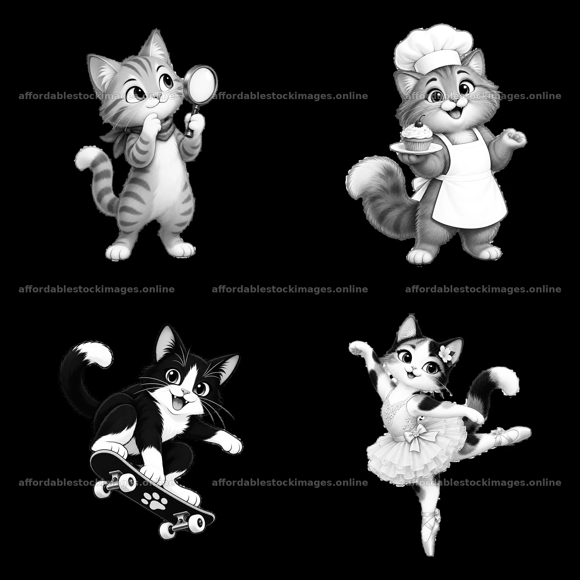 Cartoon cats in various fun activities with accessories – stock images 7746x7746