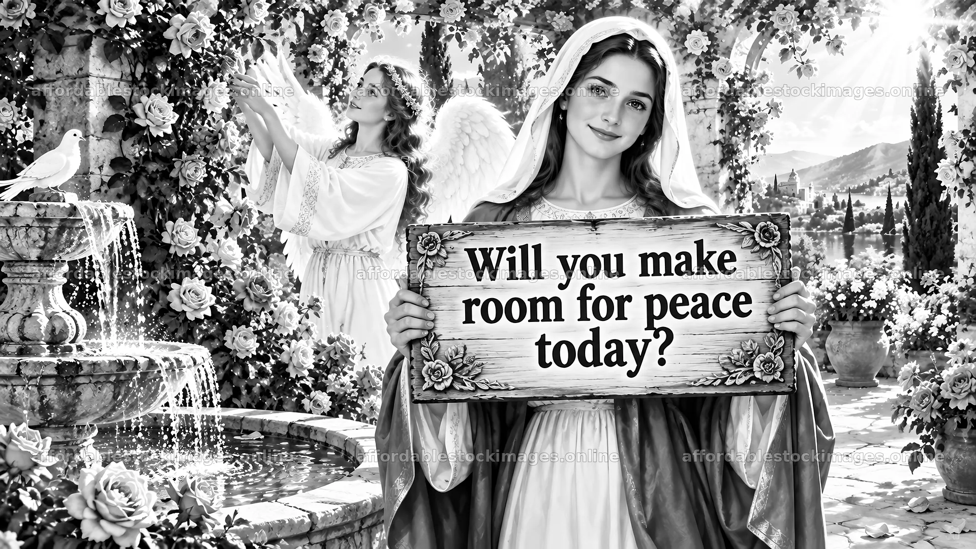 Jesus Christ inviting reflection on peace in a garden – stock images 10324x5812